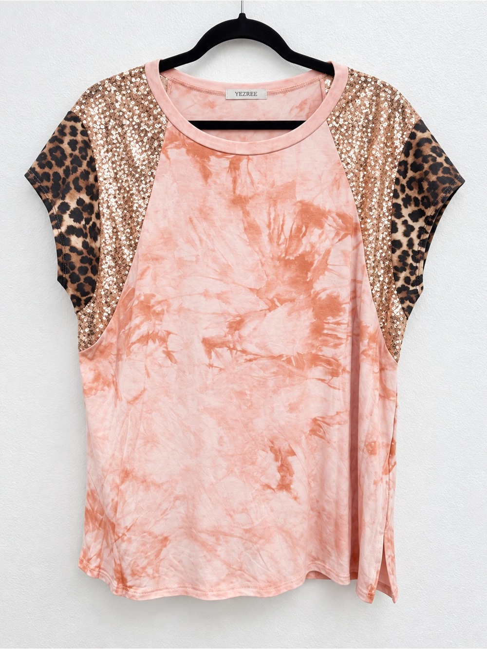 Yezree Pink Tie-Dye Short Sleeve Tee with Sequin & Leopard Accents